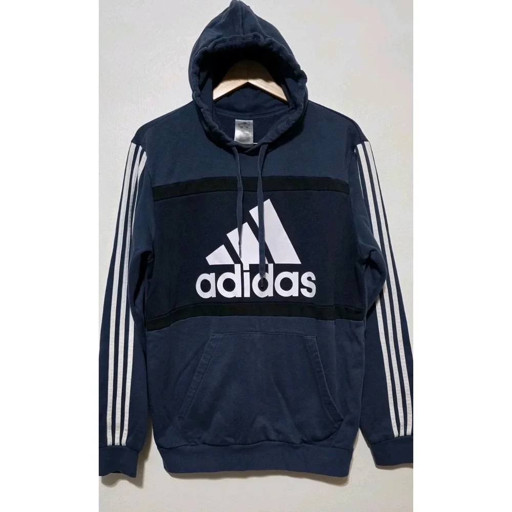 Adidas Mens L Essentials‎ CB Fleece Hoodie Pullover Sweatshirt Navy Blue Stripe